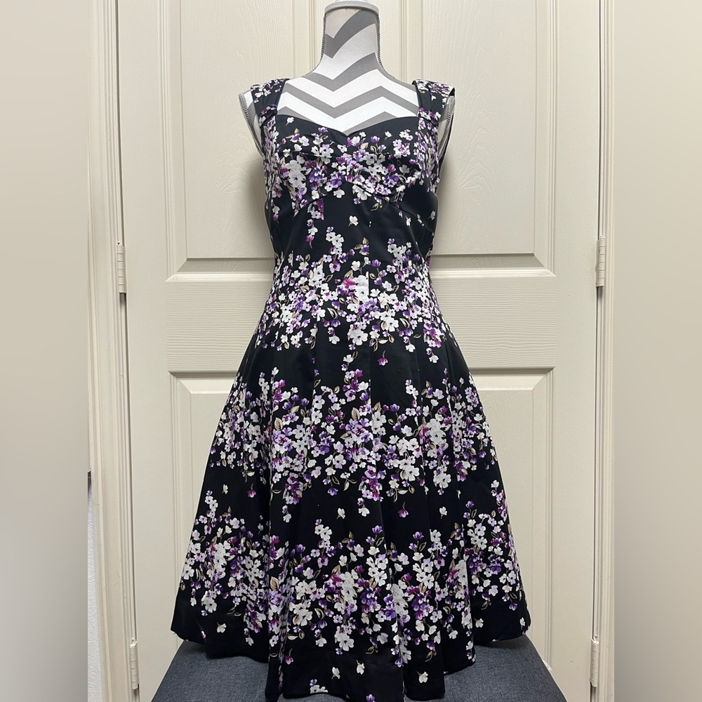WHBM Black and Purple Fit and Flare Floral Dress size 6